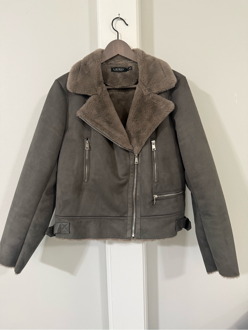 Lauren Ralph Lauren Taupe Shearling-Trim Leather Moto Jacket, M